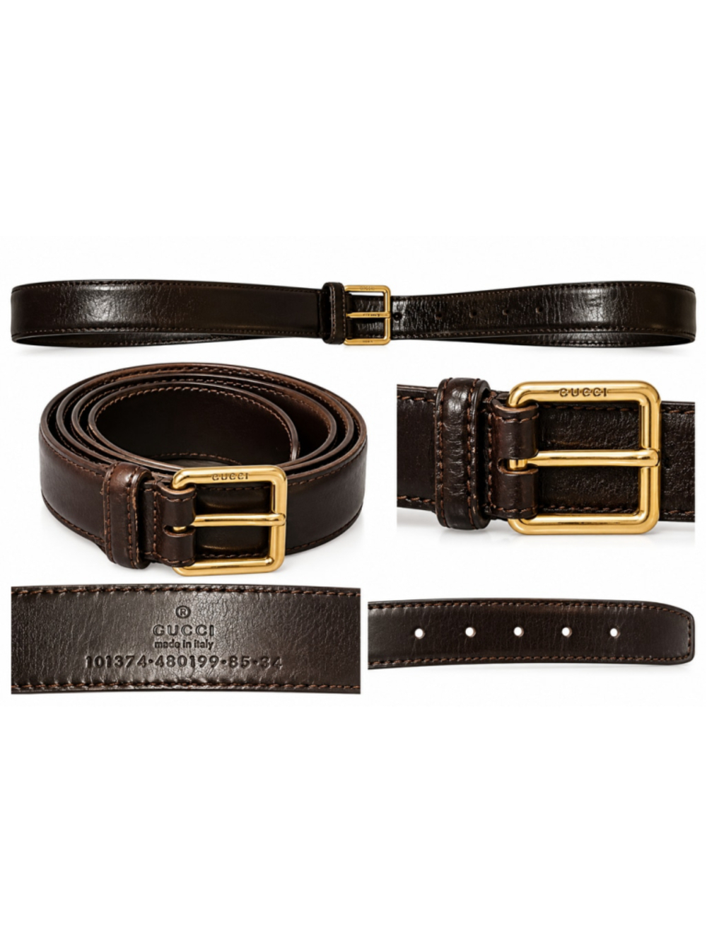 Gucci Brown Leather Belt with Gold Buckle, Size 34 - Picture 1 of 16